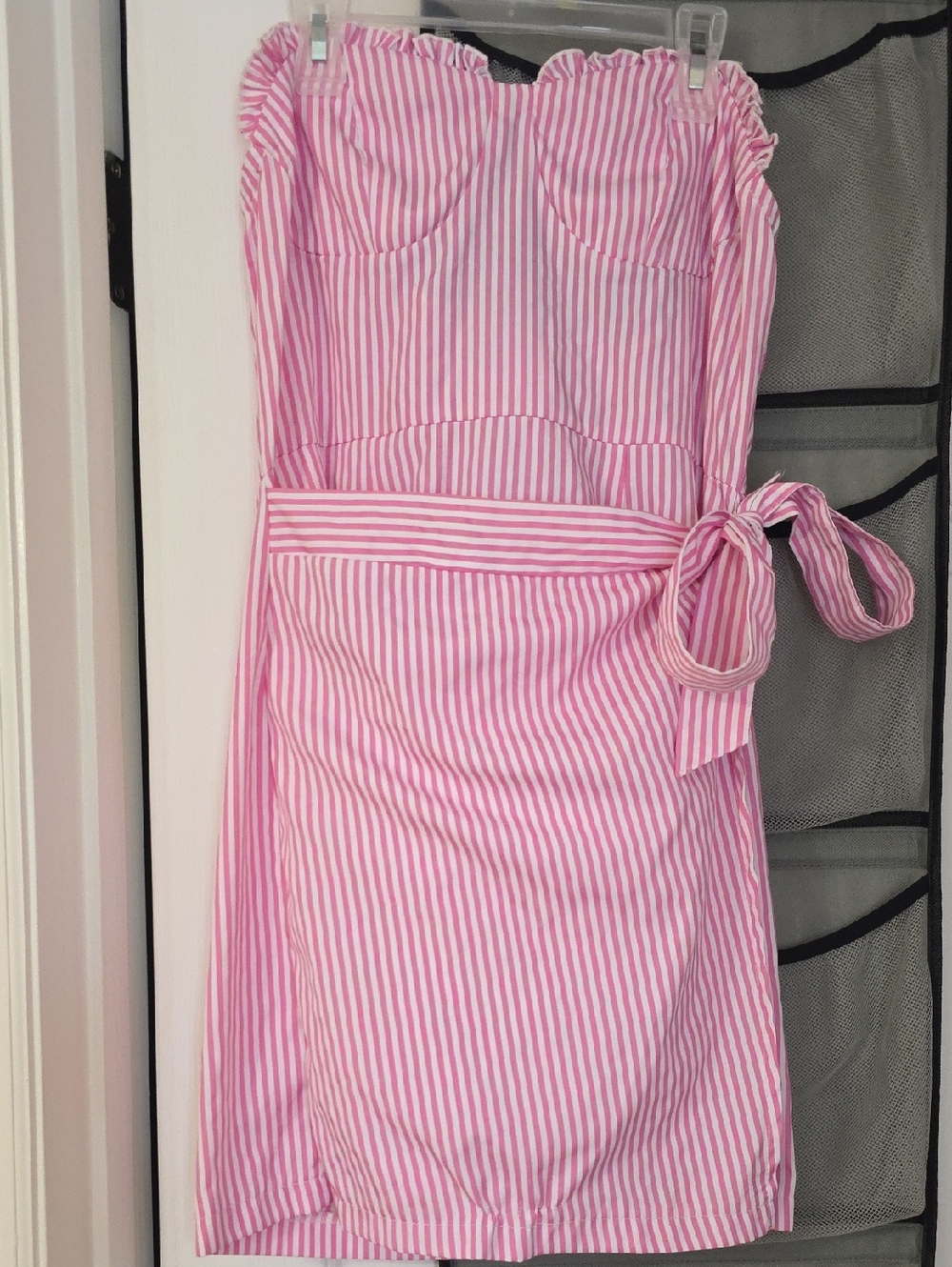 SHEIN Pink & White Vertical-Stripe Strapless Mini Dress with Waist Tie